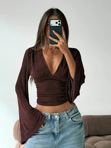 Aloruh Women's Elegant Deep V-Neck Ruched Waist Long Sleeve T-Shirt - Brown - View 2