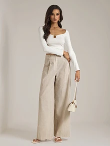 SHEIN Tall 高個女性適用復古風杏色條紋直筒長褲－休閒工作裝 - 棕色 - 查看 3