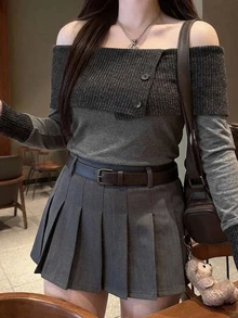 Dazy Plus Korean Style Colorblock Patchwork Off-Shoulder Slim Fit Cropped Long Sleeve T-Shirt - Dark Grey - View 3