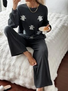 DAZY 2pcs Halloween Pattern Loose Long Sleeve Long Pajama Pants Women's Sleepwear Set - Dark Grey - View 1