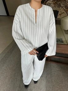 Dazy Plus Autumn Striped Loose Commuter Casual Wide Leg Long Pants Vacation 2 Pieces Set - White - View 7