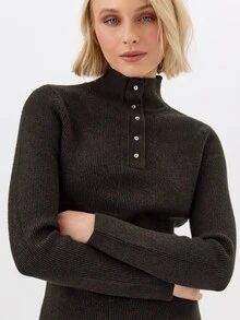 KÆRIA Hus Fine Button High Neck Jumper - Lustrous Compact Knit - Charcoal - Elegant, Luxury, Casual, Modern - Black - View 1