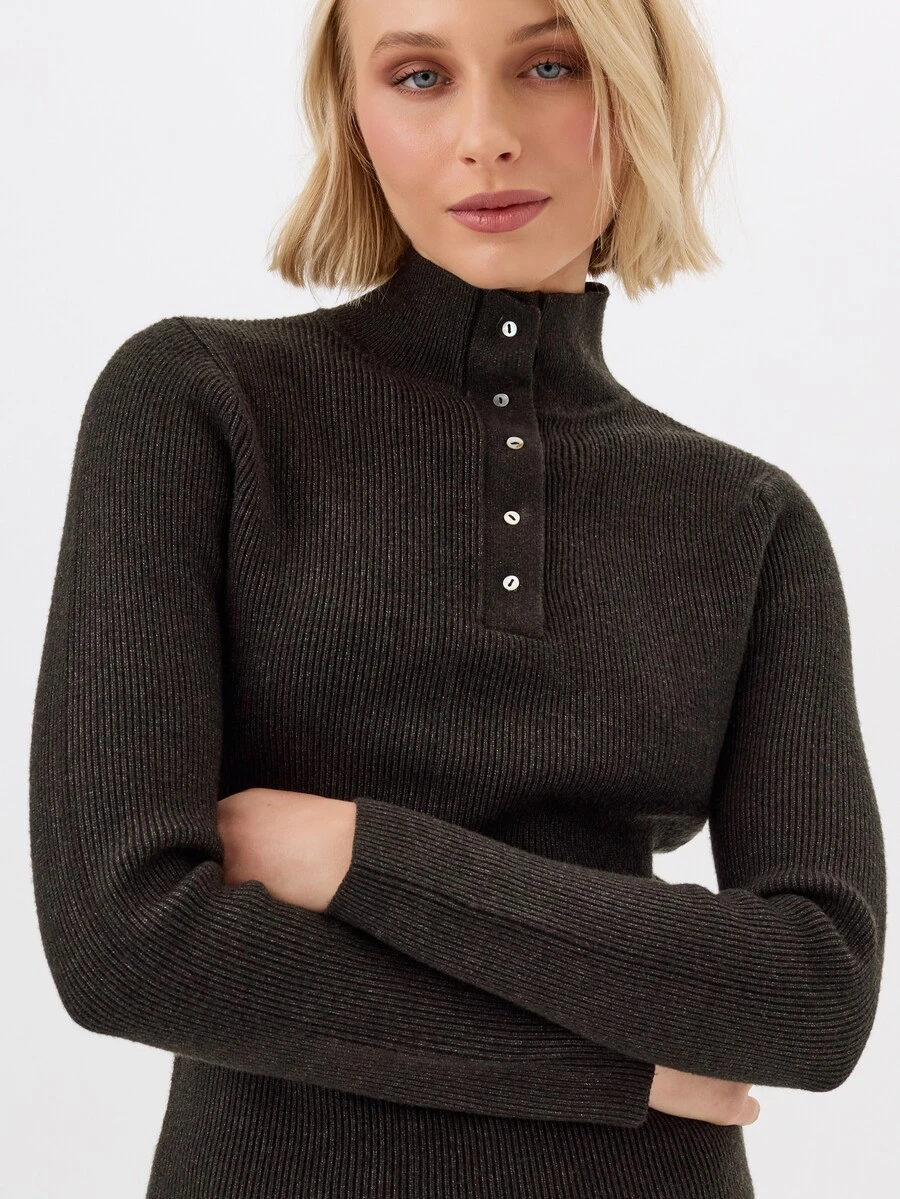 KÆRIA Hus Fine Button High Neck Jumper - Lustrous Compact Knit - Charcoal - Elegant, Luxury, Casual, Modern - Black - View 1