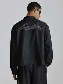 Musero Crop Length Boxy Oversized Drop Shoulder Pinstripe Shirt With Back Embroidery Patch Chest Pocket Co Ord Shirt Only Autum Winter Essentials - Black - View 2