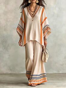 Bohemian Striped Colorblock Textured Print Set, Loose V-Neck Batwing Sleeve Top And High-Waist Draped Wide-Leg Pants Two Pieces Set, Casual Outfit For Outdoor Trips And Travel, Plus Size - Multicolor - View 3