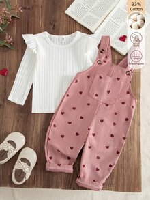 SHEIN Playful Pals 女嬰燈芯絨吊帶褲套裝，秋冬加厚保暖愛心刺繡吊帶褲 + 保暖刷毛針織內搭，2件套，新款可愛女嬰服飾 - 彩色 - 查看 3