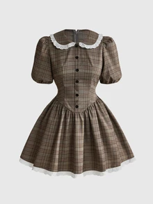 Sweetness Autumn/Winter Kawaii Vintage Plaid Peter Pan Collar Full Skirt Mini Dress For Women - Coffee Brown - View 1