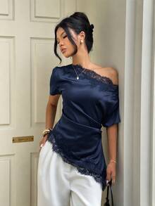 Aloruh 女款不對稱肩蕾絲拼接休閒日常穿著襯衫 - 藏蓝色 - 查看 5