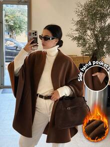 Selenza Autumn/Winter Oatmeal Color Minimalist Collarless Pocketed Cape-Style Double-Faced Overcoat, Loose Oversized Shawl Batwing Sleeve Cut, Single-Breasted Decorative Buttons, Casual Relaxed Silhouette, Flattering Slimming Versatile Commuter High-End Mid-Length Overcoat - Mocha Brown - View 5