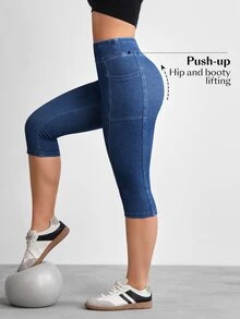 SHEIN CURVE+ Celana Capri Denim Skinny Fit Ukuran Plus - Biru - View 3