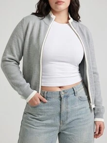 Solavibe Cardigan Wanita Ukuran Plus Motif Blok Warna Kasual Tradisional Serbaguna untuk Sehari-hari, Kantor Formal, Abu-abu, Musim Semi - Grey - View 5