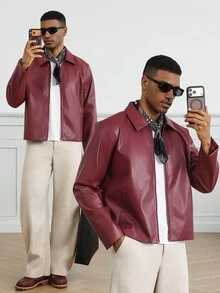 HUEFORM Men's Old Money Purplish-Red Loose-Fit Cropped Lined Jacket, Suitable For Social Media And Street-Style, Gifts For Boyfriend - Burgundy - View 5