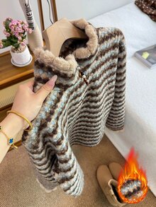 Sweetra Plus Size Women's New Small Stand Collar Zipper Design Colorful Striped Fleece Sweatshirt, Autumn/Winter Sweatshirt, Fleece Sweatshirt, Suitable For Daily Wear - Multicolor - View 4