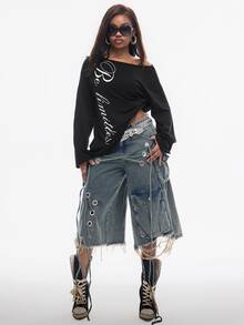 Vadaroq Women's Letter Print Casual Everyday T-Shirt - Black - View 2