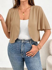 SHEIN Essnce 大尺碼女款素色短袖開襟輕便外套 - 摩卡棕 - 查看 8