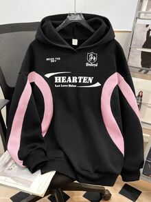 SHEIN 青少年女孩拼色字母印花寬鬆休閒連帽衛衣 秋冬款 - 彩色 - 查看 1