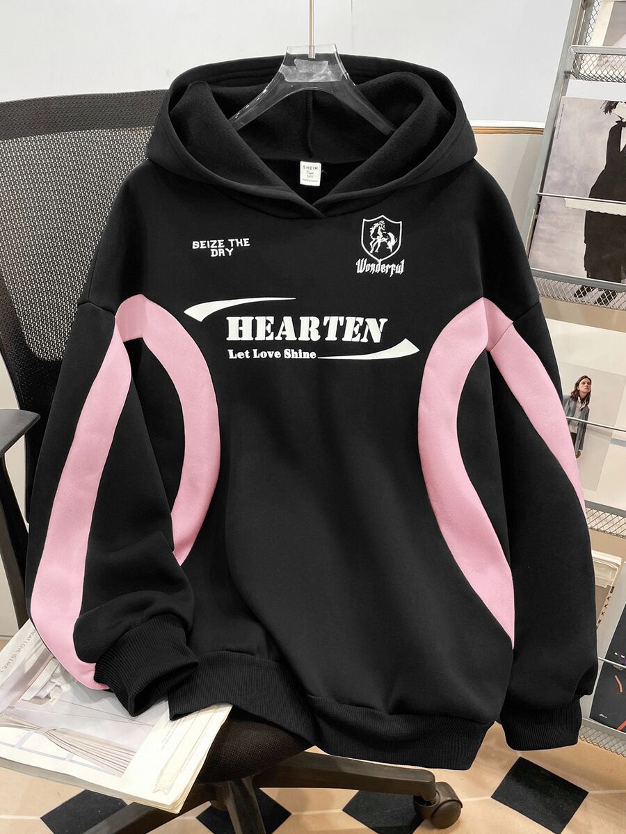SHEIN 青少年女孩拼色字母印花寬鬆休閒連帽衛衣 秋冬款 - 彩色 - 查看 1