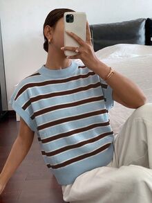 Siren Gaze Atasan Rajut Minimalis Bergaris dengan Blok Warna untuk Wanita - Baby Blue - View 6
