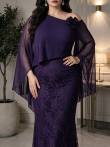 Modelyn فستان أنيق للنساء بمقاسات كبيرة مزين بزهور ثلاثية الأبعاد وكتف غير متماثل من الدانتيل - ارجواني بنفسجي - مشاهدة 7