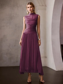 MOTF PREMIUM FRENCH STYLE SLEEVELESS HIGH NECK RUCHED CINCHED WAIST LONG DRESS FOR WOMEN - Red Violet - View 7