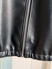 SHEIN Sparklyn 青少年女孩長袖抓絨秋冬休閒街頭風寬鬆日常上班上學通勤PU皮革翻領夾克外套黑色 - 黑色 - 查看 4
