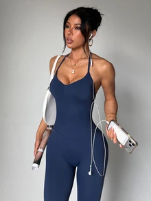 Easithlete Women's Seamless Yoga Sports Halter Backless Jumpsuit - Navy Blue - View 7