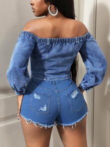Slaydiva Women's Outdoor Fashion Street Style Asymmetrical Placket Off-Shoulder Blue Denim Top - Dark Wash - View 2