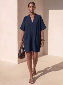 Zivah Women's Minimalist Textured Pocket Dress For Vacation - Navy Blue - View 6