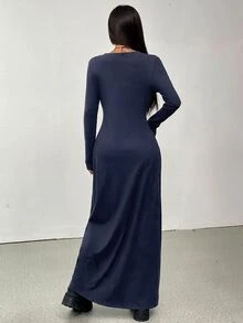 SHEIN EZwear 女款修身鈕扣開襟針織外套 長版 秋季 夜色深藍 優雅性感 - 藏蓝色 - 查看 2
