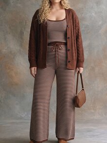Linhara Autumn/Winter Plus Size 3 Pieces Knit Set For Women, Cable Knit Button Cardigan, Striped Camisole Top, High-Waisted Wide Leg Pants, Lazy Style - Black - View 5