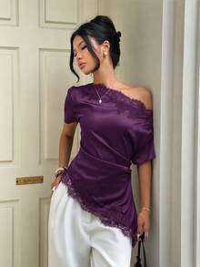 Aloruh 女款不對稱肩蕾絲拼接休閒日常襯衫 - 紫色 - 查看 5