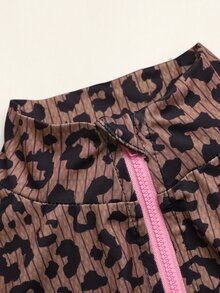 SHEIN 少女棕色豹紋印花立領拉鍊長袖外套與喇叭褲2件套 秋冬套裝 - 棕色 - 查看 7