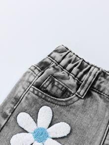 Girls/Toddlers Fashion Snowflake Washed Distressed Embroidery Flare Pants - Light Grey - View 4