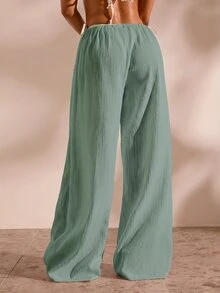 Opulessa 女款純色休閒百搭罩衫上衣與長褲套裝 - 藍色 - 查看 2