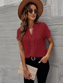 SHEIN Clasi Summer Casual Solid Color Notch Collar Shirt - Burgundy - View 5