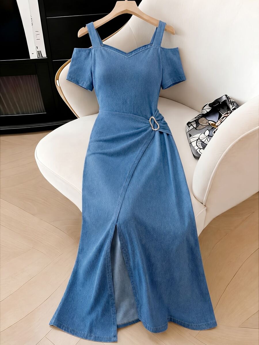 GlowEve Gaun Denim Model Wrap Bahu Terbuka Kasual Musim Panas untuk Wanita - Biru - View 1