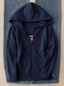 兒童青少年女孩休閒運動灰色小馬刺繡裝飾連帽開襟衛衣 秋冬款 - 藍色 - 查看 6