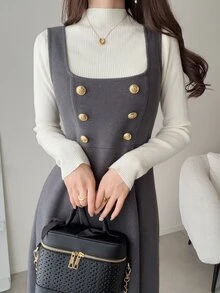 FRIFUL Gaun Berlapis Kancing Gaya Korea Preppy untuk Wanita - Grey - View 7