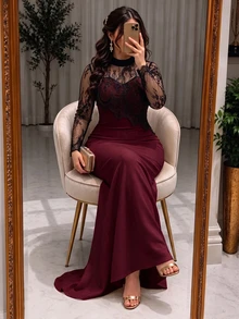 Modelyn فستان مقاس كبير مع ضيق الخصر، قماش صوف مستقيم مع دانتيل متباين على اللوحة الأمامية والأكمام، أسلوب كاجوال أنيق، مناسب للارتداء اليومي والتجمعات في الربيع/الصيف - عنابي اللون - مشاهدة 7