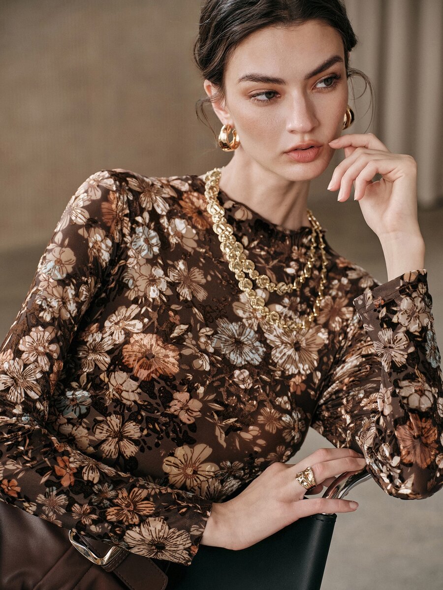 Anewsta Brown Vintage Floral Mesh Frill Trim Fitted Long Sleeve Women's T-Shirt - Coffee Brown - View 1