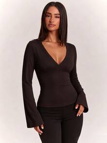 SHEIN BAE Women's Casual Versatile Long Sleeve Ruched Top For Daily Wear - Coffee Brown - View 3