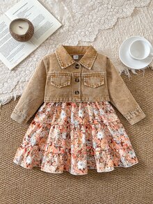 SHEIN Vintaside Kids 女嬰花卉印花細肩帶洋裝搭配鈕扣長袖牛仔外套套裝 - 卡其色 - 查看 3