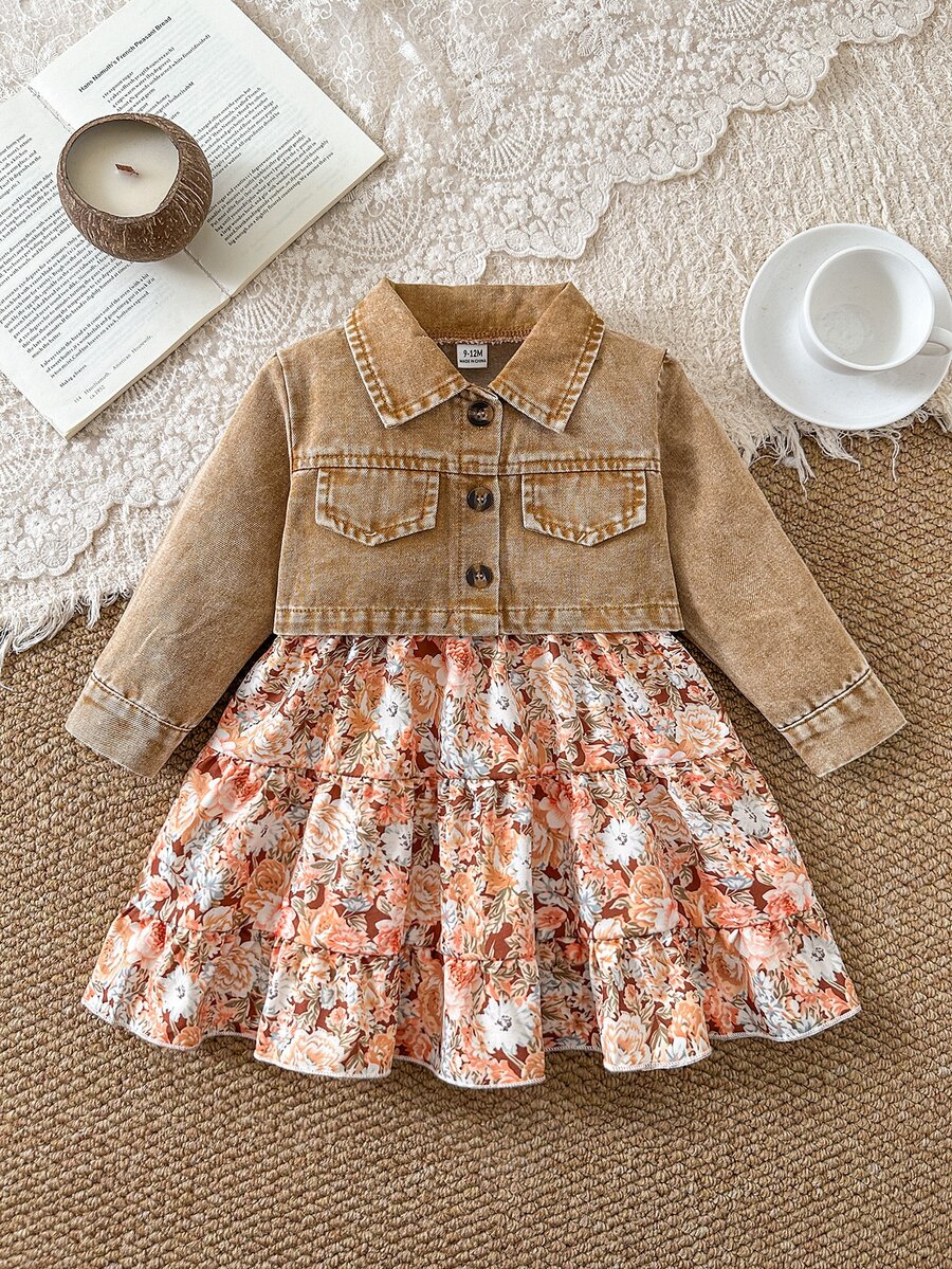SHEIN Vintaside Kids Baby Girl Floral Print Spaghetti Strap Dress With Button Long Sleeve Denim Jacket Set - Khaki - View 1