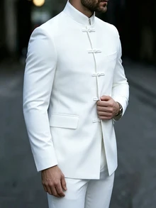 Manfinity Homme Men's Mature Casual Solid Color Plus Size Blazer, Best Choice For Holiday Gift - White - View 3