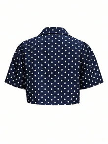 SHEIN Clasi 女款短袖上衣與細肩帶洋裝休閒復古鄉村風兩件套 海軍藍波點 適合野餐度假 夏季度假 - 藏蓝色 - 查看 10