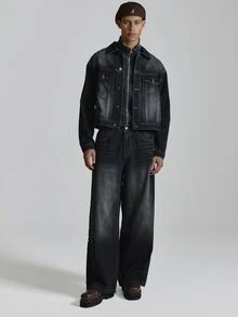Musero Oversized Drop Shoulder Back Pleat And Rivet Denim Jacket Chest Pockets With Flaps And Press Studs Co Ord Jacket Only Autum Winter Essentials - Black - View 3
