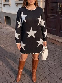 Linhara CURVE Autumn/Winter Thick Plus Size Loose Fit Five-Point Star Knit Sweater Dress Women Wavy Ruffle Round Neck Lazy Slimming Long Sleeve Dress - Black and White - View 6