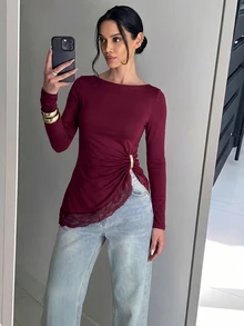 Lumalex 女款優雅蕾絲拼接開衩上衣 - 酒紅色 - 查看 8