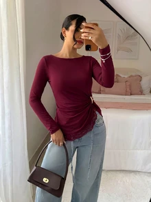 Lumalex 女款優雅蕾絲拼接開衩上衣 - 酒紅色 - 查看 7