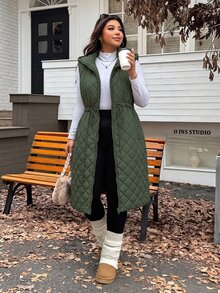 SHEIN EZwear 秋冬大尺碼加厚腰部抽繩可調節寬鬆長版外套，雙面穿 - 軍綠色 - 查看 5